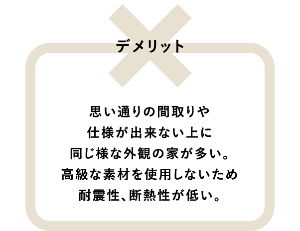 デメリット 思い通りの間取りや仕様が出来ない上に同じ様な外観の家が多い。高級な素材を使用しないため耐震性、断熱性が低い。